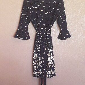 ILE New York Black Geometric Print 3/4 Sleeve dress with Loose Belt Size 16